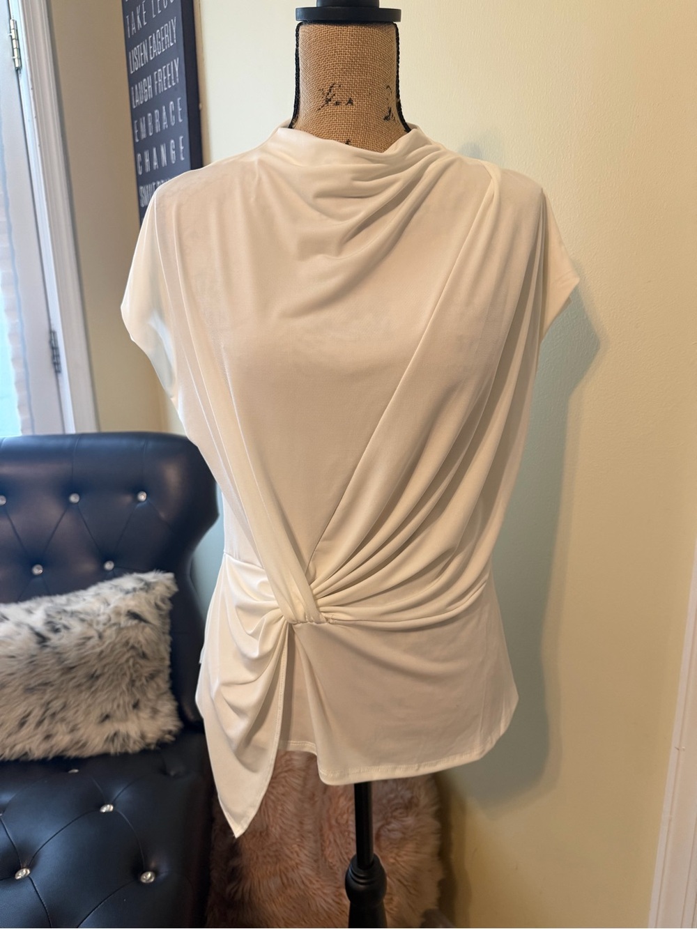 Aqua Cream Draped Knot-Front Blouse
